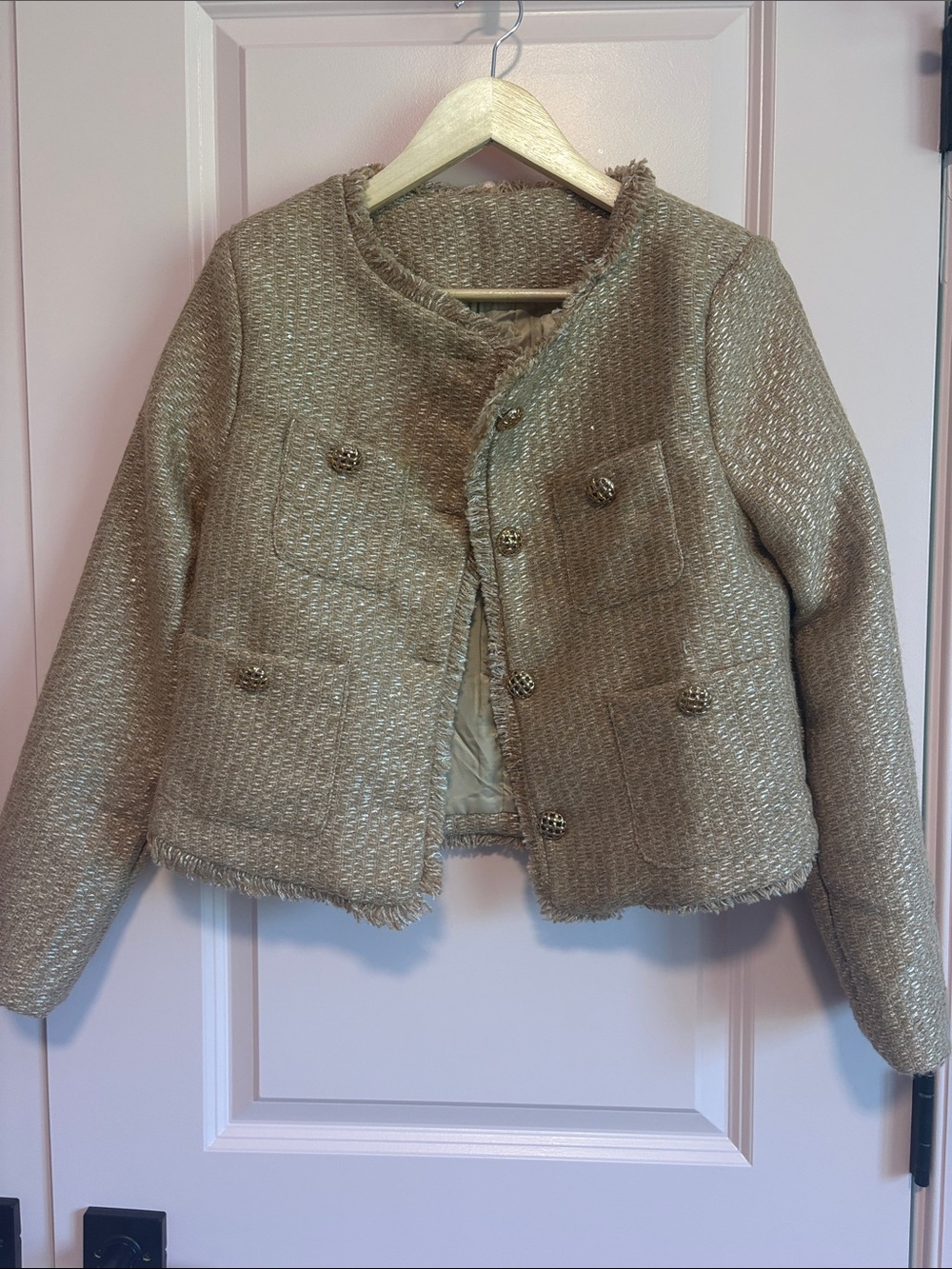 Cropped Textured Tweed Jacket in Champagne